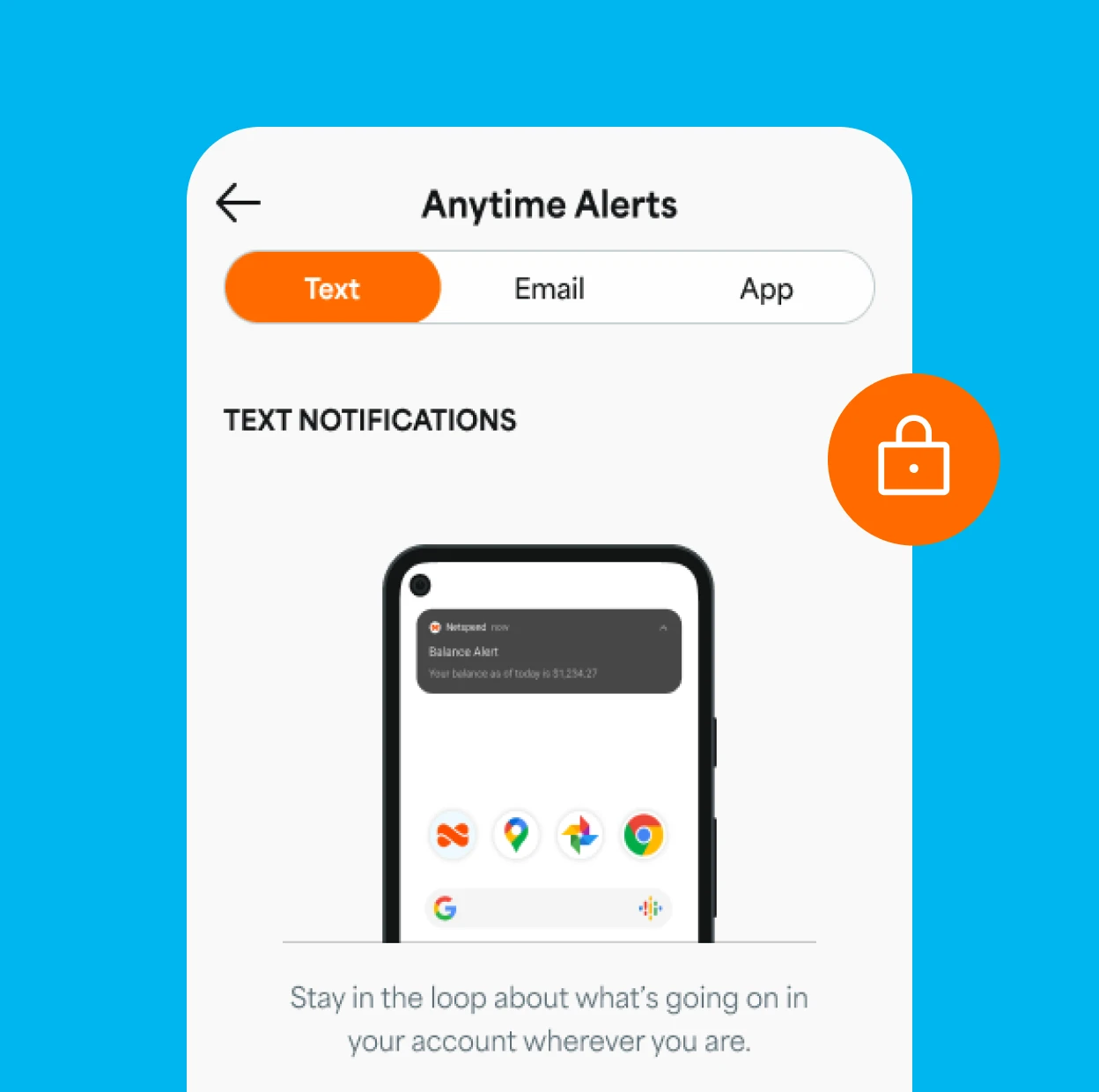 Change Anytime Alert notification settings to be through text, email, or the app.